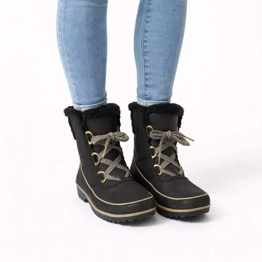 Size 7.5 Sorel Womens Tivoli II Black Waterproof Winter Boots Faux Fur Insulated - Picture 1 of 10